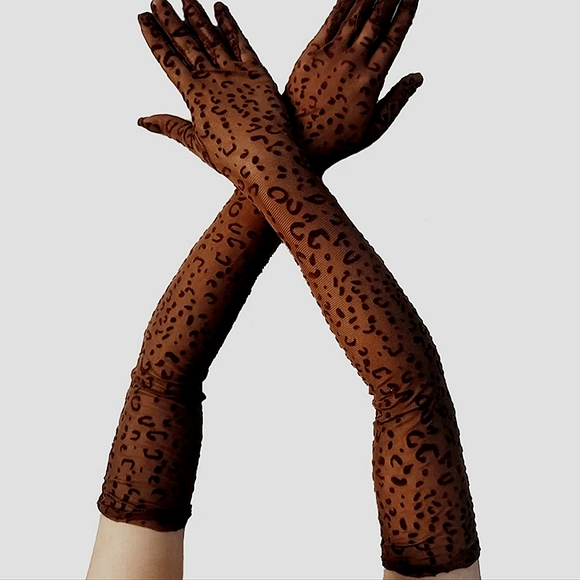 NWT Brown Sheer Elegant Animal Leopard Cheetah Print Elbow Opera Length Gloves - Picture 2 of 3